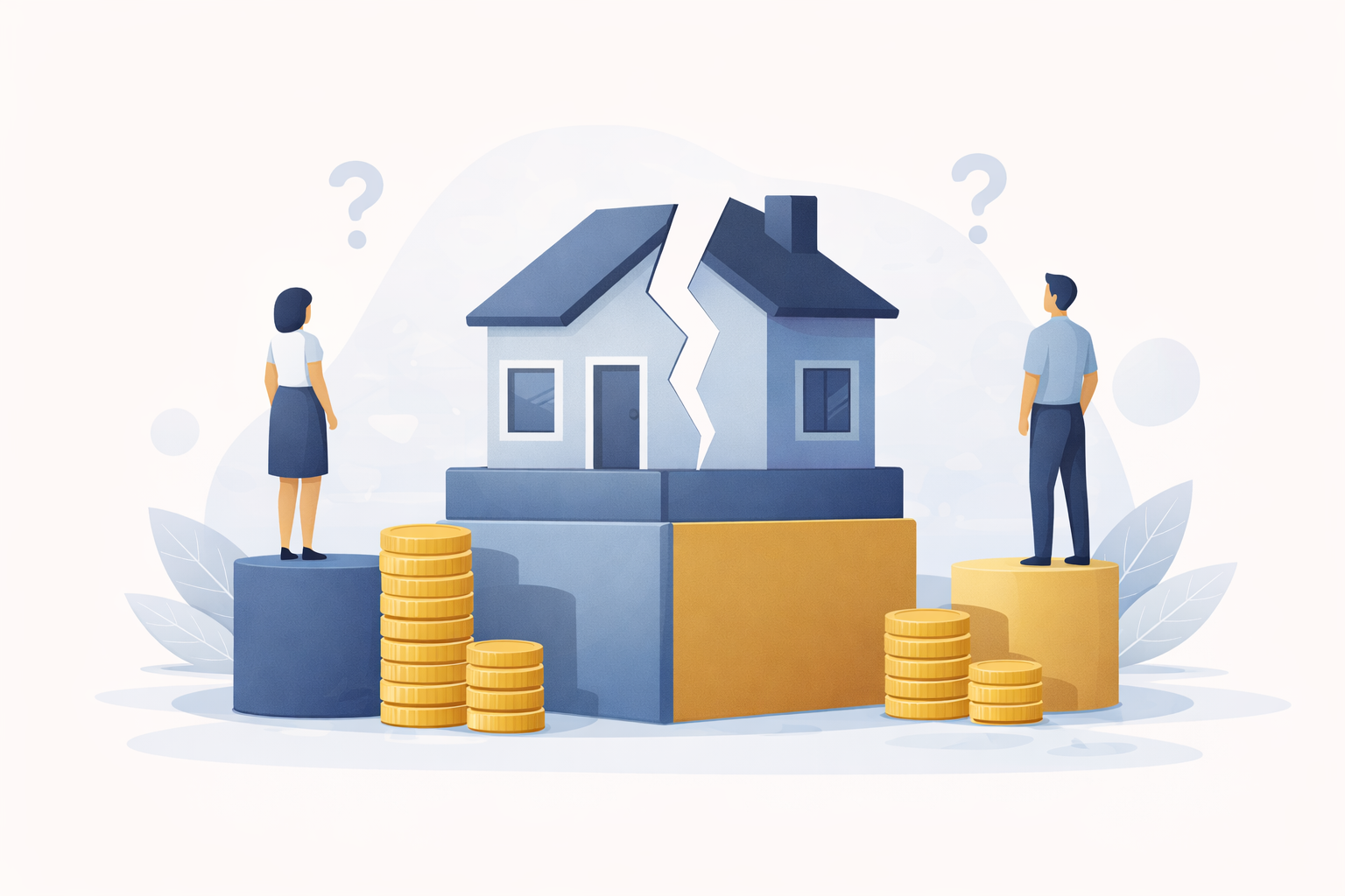 Abstract illustration showing an uneven split of the family home and assets, representing how financial needs determine outcomes on divorce