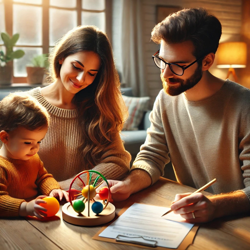 Parents discuss arrangements while the child engages with a sensory toy.